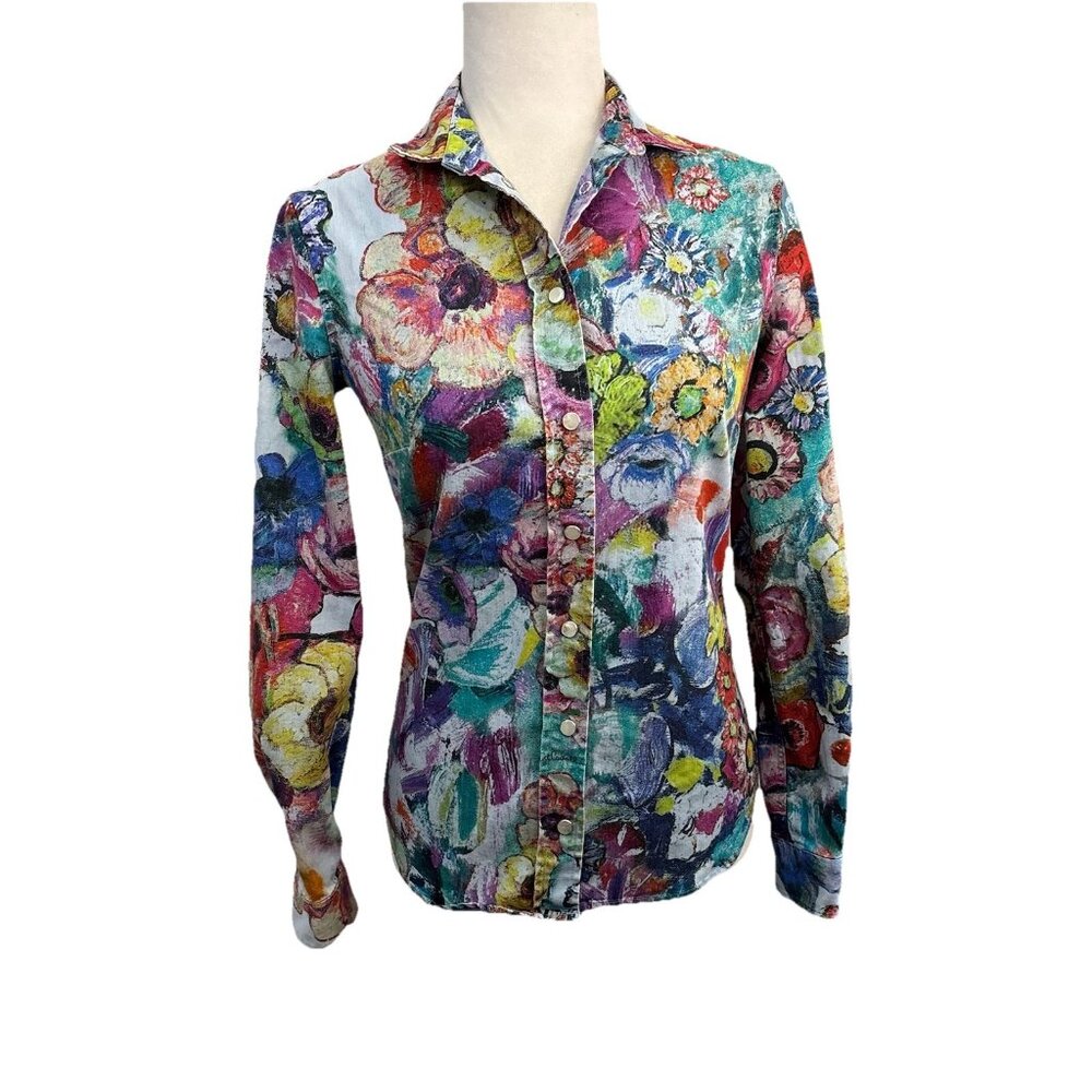 Just Cavalli Floral Art Wear Made In Italy Snap Button Blouse Women 40 / Small